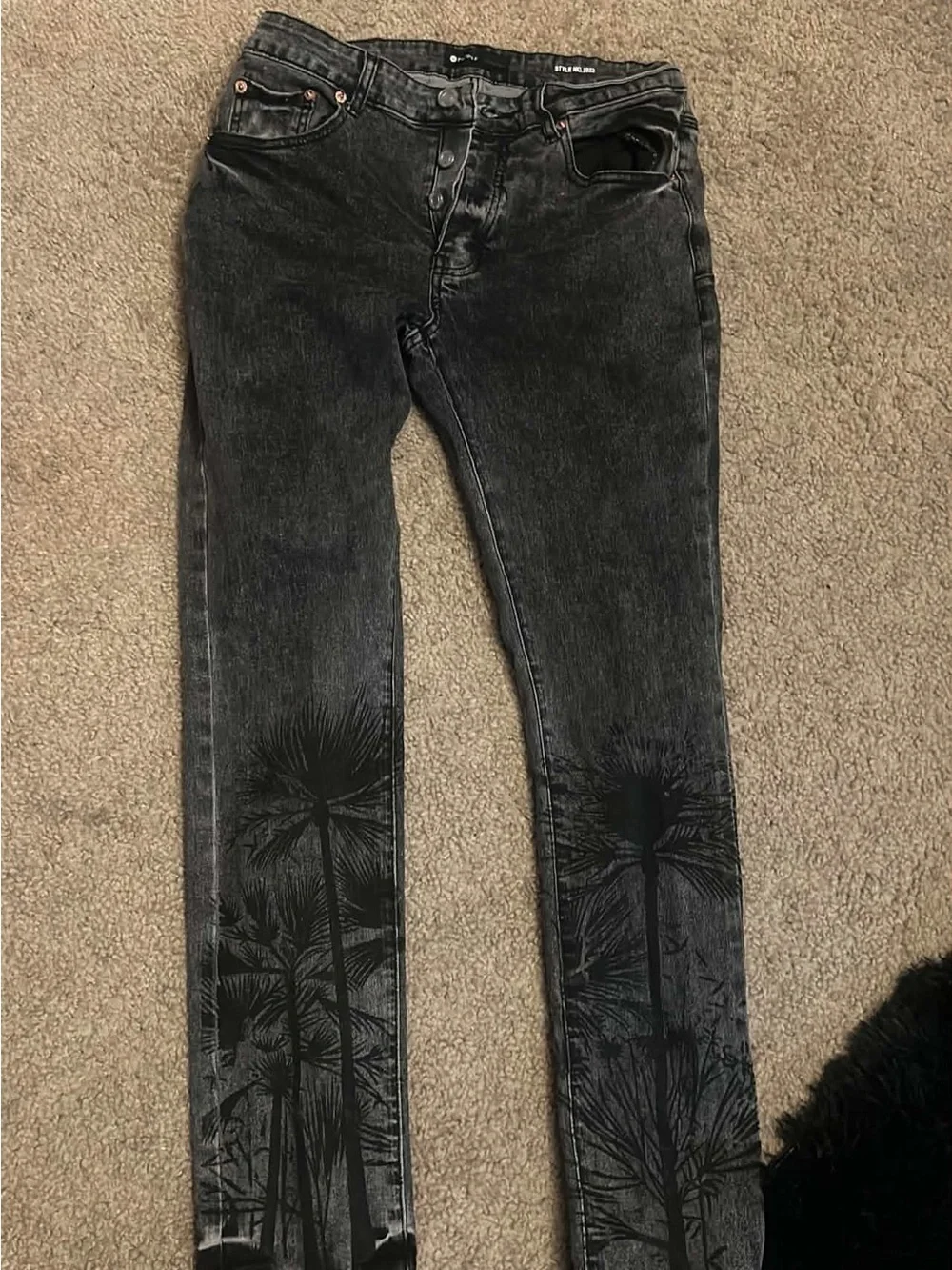 Purple Brand Black Palm-Print Slim Jeans